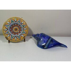 Lot of 2 Display Decor Augusta Deruta Ceramic Plate & Murano Blue Glass Seashell